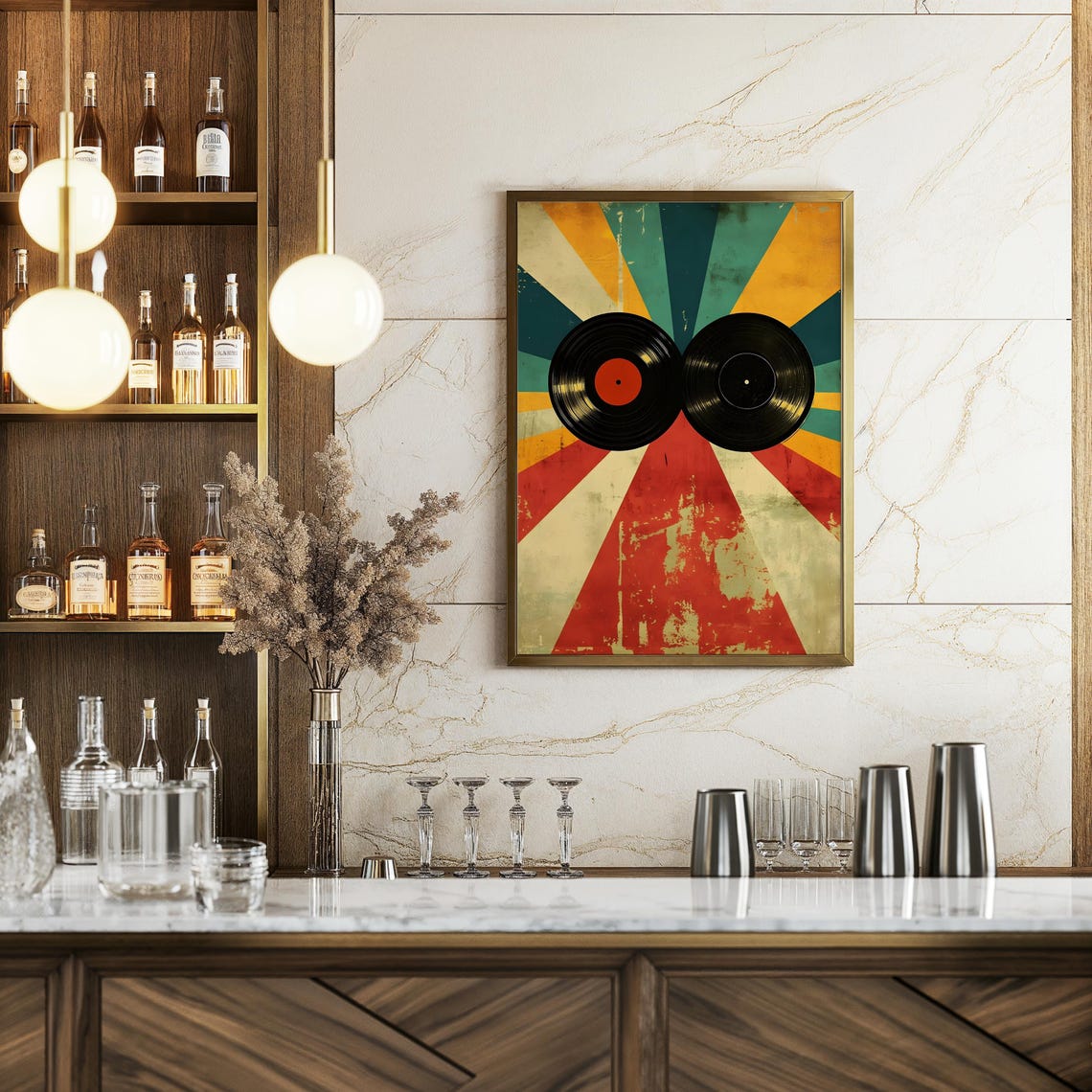Two Vintage Vinyl Records On A Retro Red And Teal Sunburst Poster - Image 4