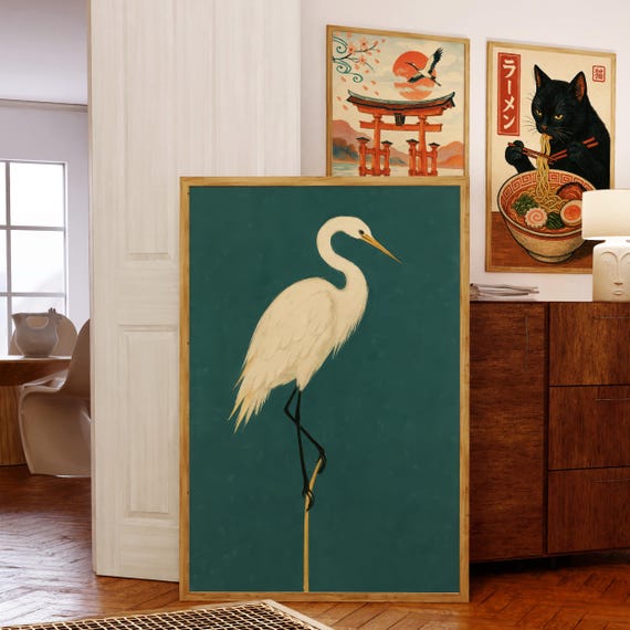 Minimalist Crane Wall Art Print Scandinavian Bird For Calm Home Decor Japanese Poster Zen Room Japandi
