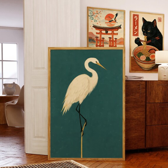 Minimalist White Crane Bird Teal Background Scandinavian Style Poster