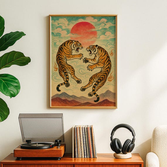 Japanese Tiger Wall Art Vintage Mythology Print Maximalist Illustration Japandi Red Sun