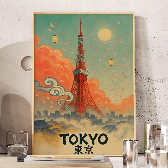 Tokyo Tower Vintage Japan Travel Poster Cherry Blossoms and Lanterns