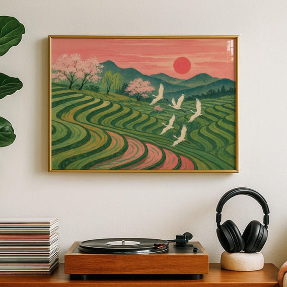 Japanese Landscape Wall Art With Cranes And Mountain Wabi Sabi Painting Horizontal Print Zen Nature