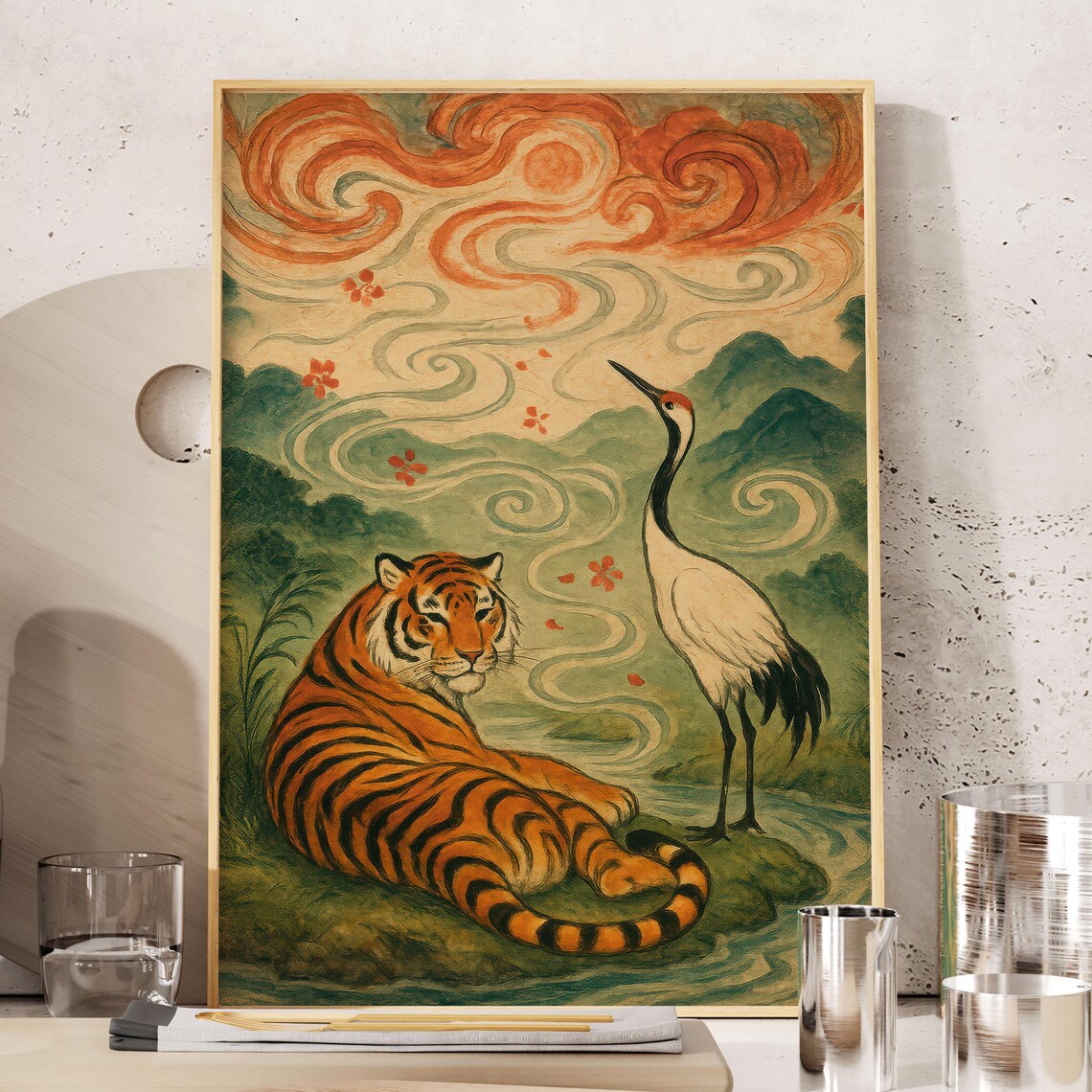 Vintage Japanese Tiger and Crane Misty Mountains Wildlife Art Poster