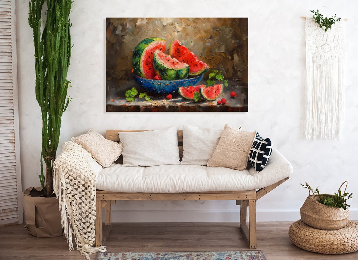 Watermelon Still Life Painting Art Blue Bowl Summer Fruit Poster - Image 3