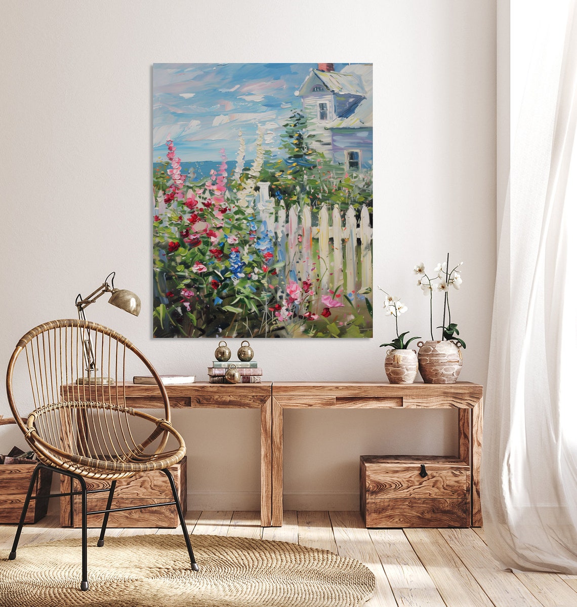 Seaside Cottage Garden With Hollyhocks And Picket Fence Art Poster - Image 3