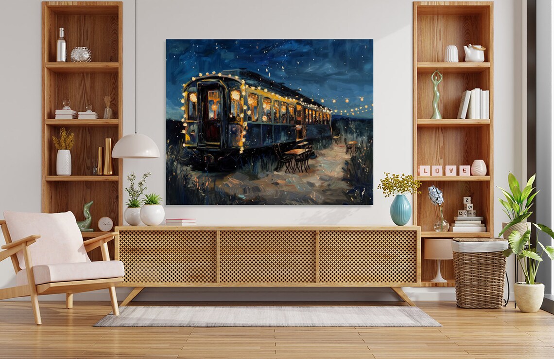 Vintage Train Car Restaurant Painting String Lights Starry Night Poster - Image 5