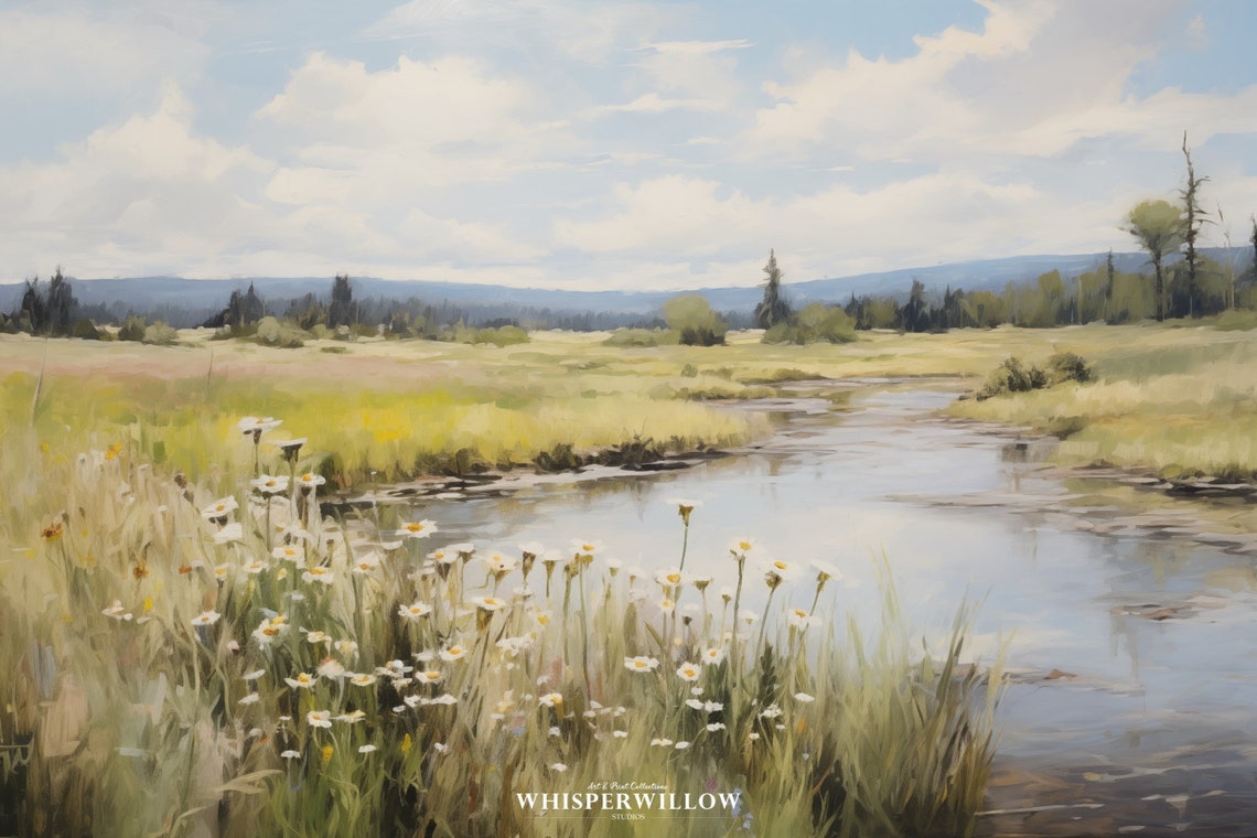 White Daisies Along a Quiet Meadow Stream Painting Art Poster - Image 6