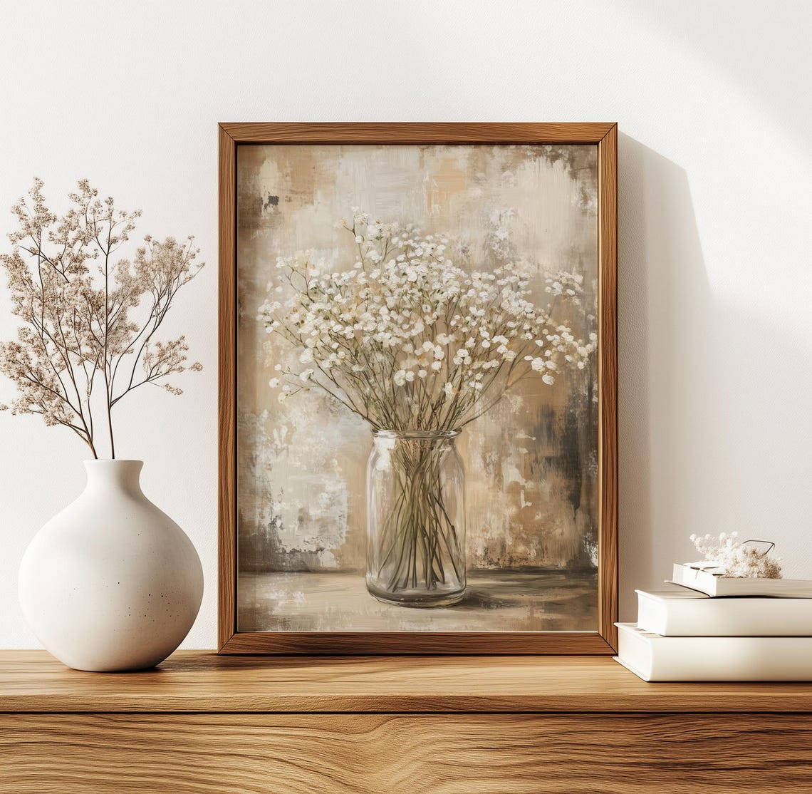 Neutral Babys Breath Flowers in Glass Jar Rustic Floral Poster - Image 5