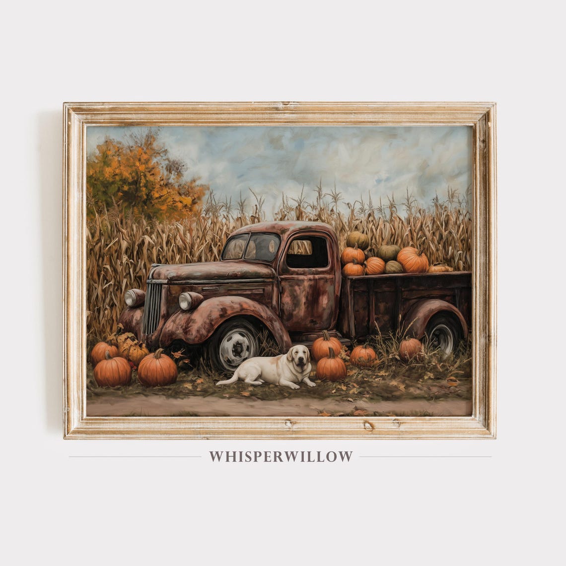 Vintage Pumpkin Truck with Labrador Dog in Autumn Cornfield Poster