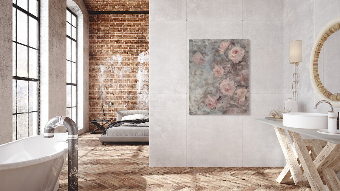 Blush Pink Roses Vintage Abstract Floral Impressionist Oil Poster - Image 2