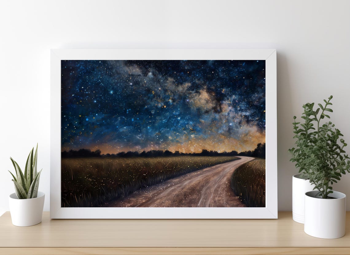 Starry Milky Way Night Sky Painting Country Road Stars Poster - Image 3