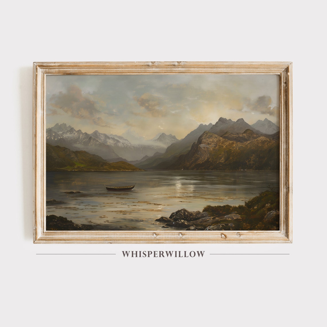 Fjord Lake Majestic Mountains Vintage Painting Lone Boat Poster