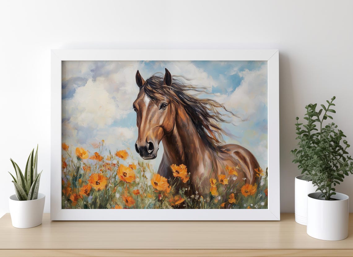 Majestic Brown Horse Orange Poppies Field Sunny Meadow Painting Poster - Image 3