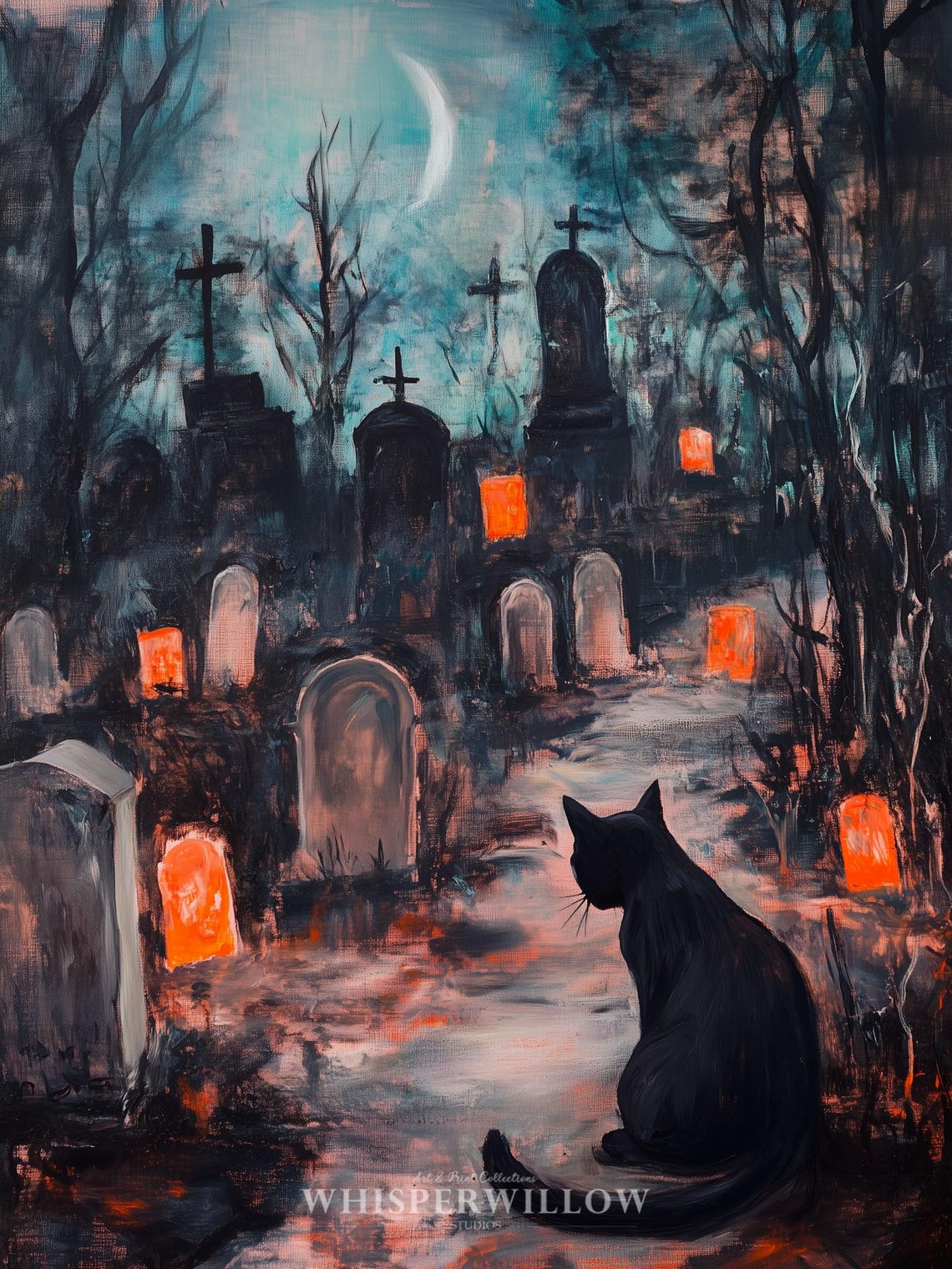 Black Cat in a Moonlit Cemetery Halloween Pumpkin Art Poster - Image 6