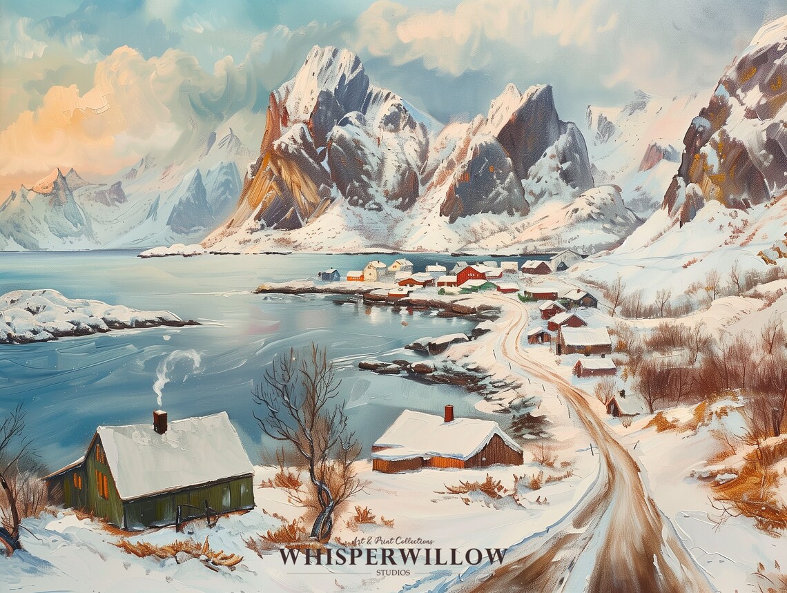 Norway Winter Mountain Homes Vintage Landscape Art Print - Image 6