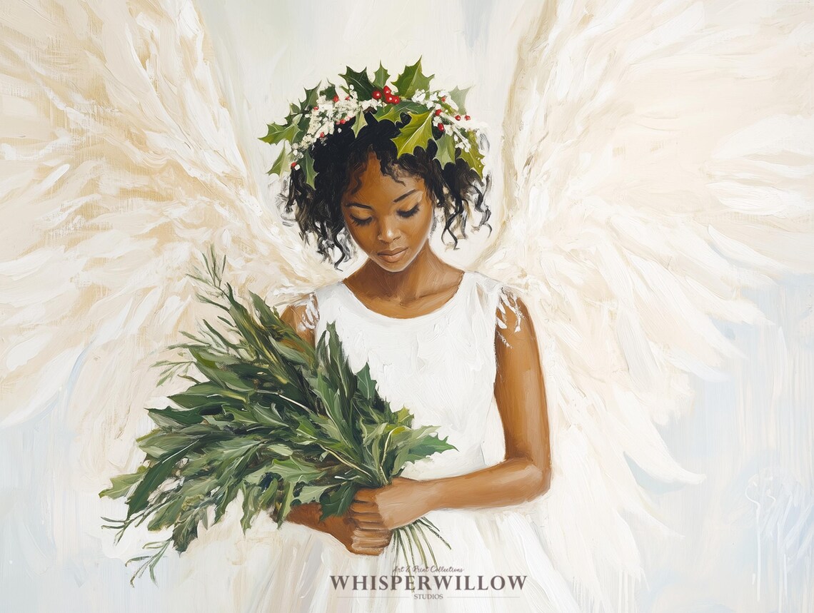 Angelic Christmas Angel Holly Painting Art Print - Image 6