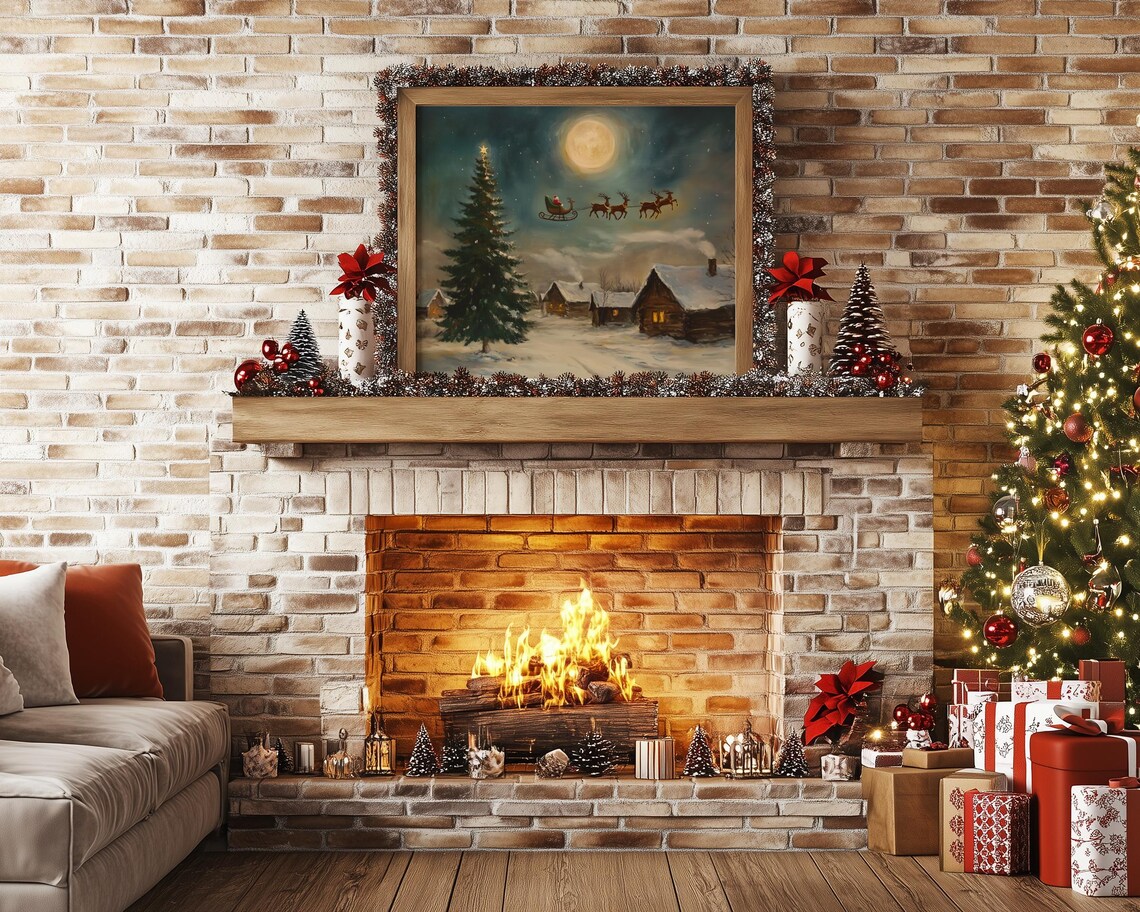 Santa Sleigh Over Moonlit Winter Village Art Print - Image 5