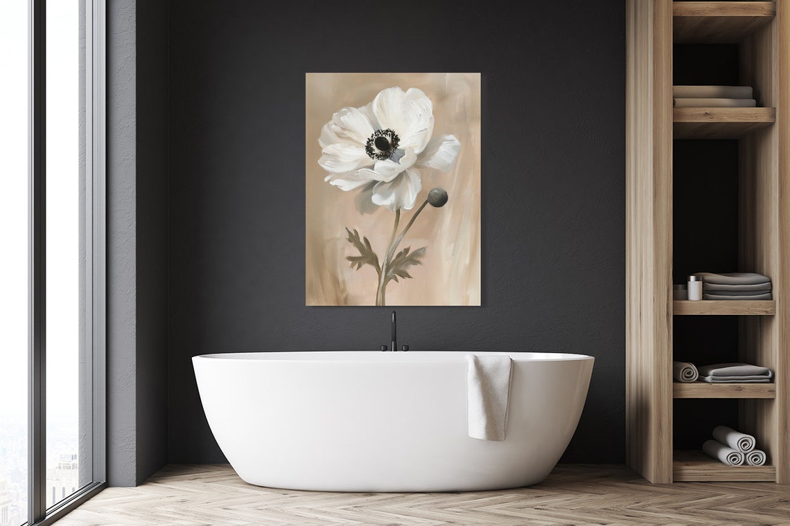 White Anemone Bloom Single Flower Still Life Painting Neutral Wall Art - Image 5