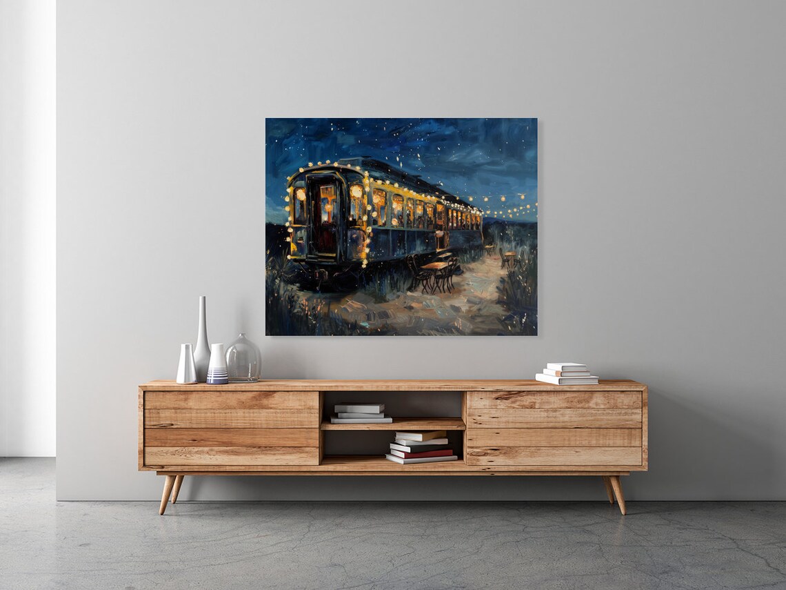 Vintage Train Car Restaurant Painting String Lights Starry Night Poster - Image 3