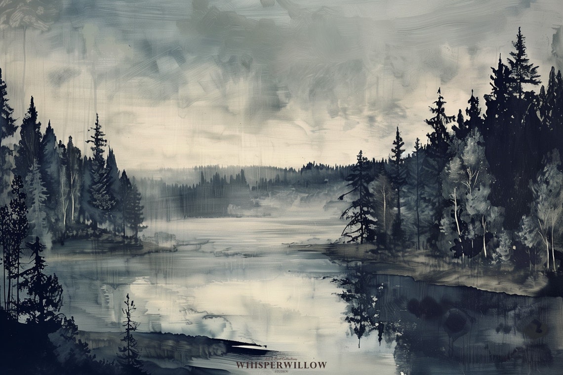Misty Forest Lake Pine Trees Gray Fog Moody Nature Art Poster - Image 6