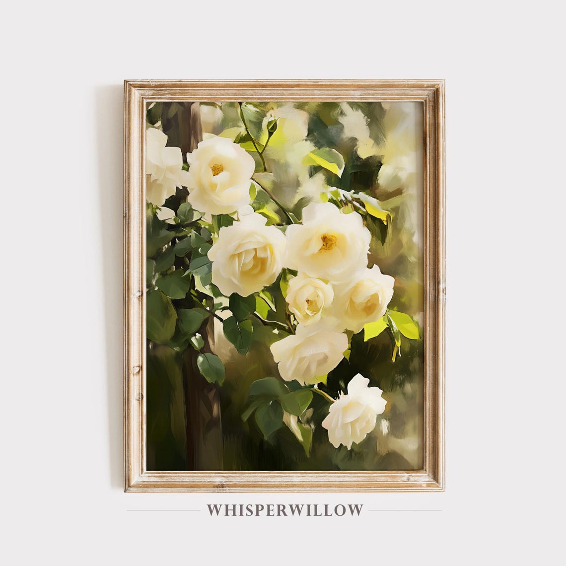 Elegant Cream White Roses Blooming Floral Garden Painting Wall Art