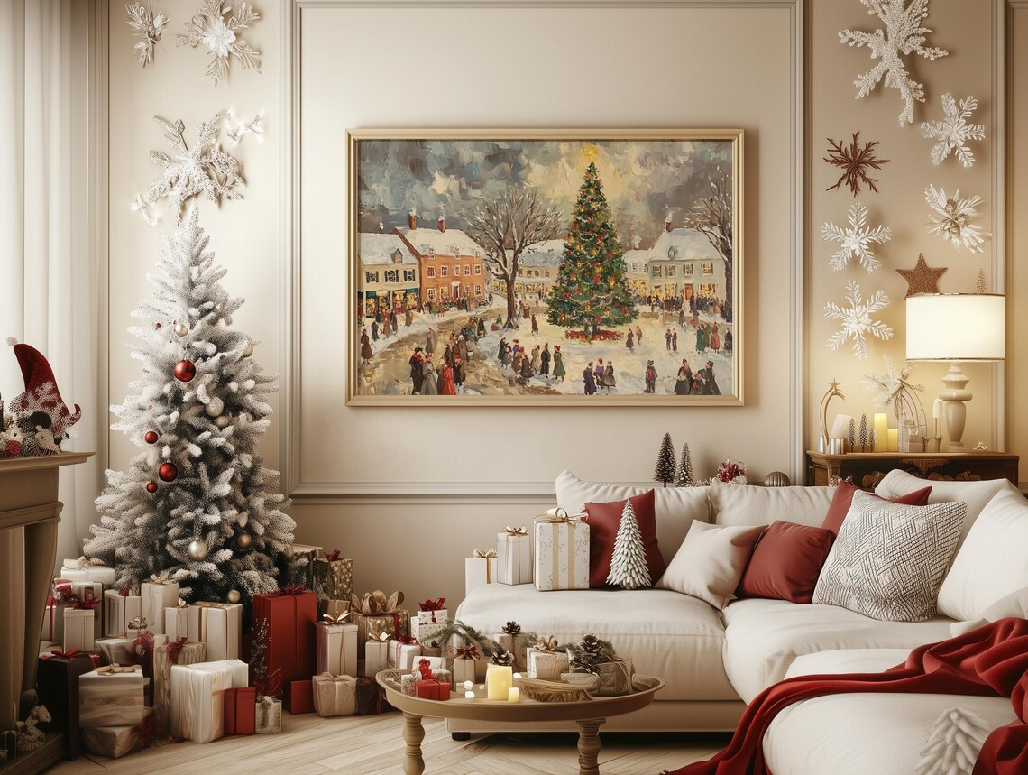 Vintage Winter Village Scene, Christmas Tree Travel Poster - Image 2