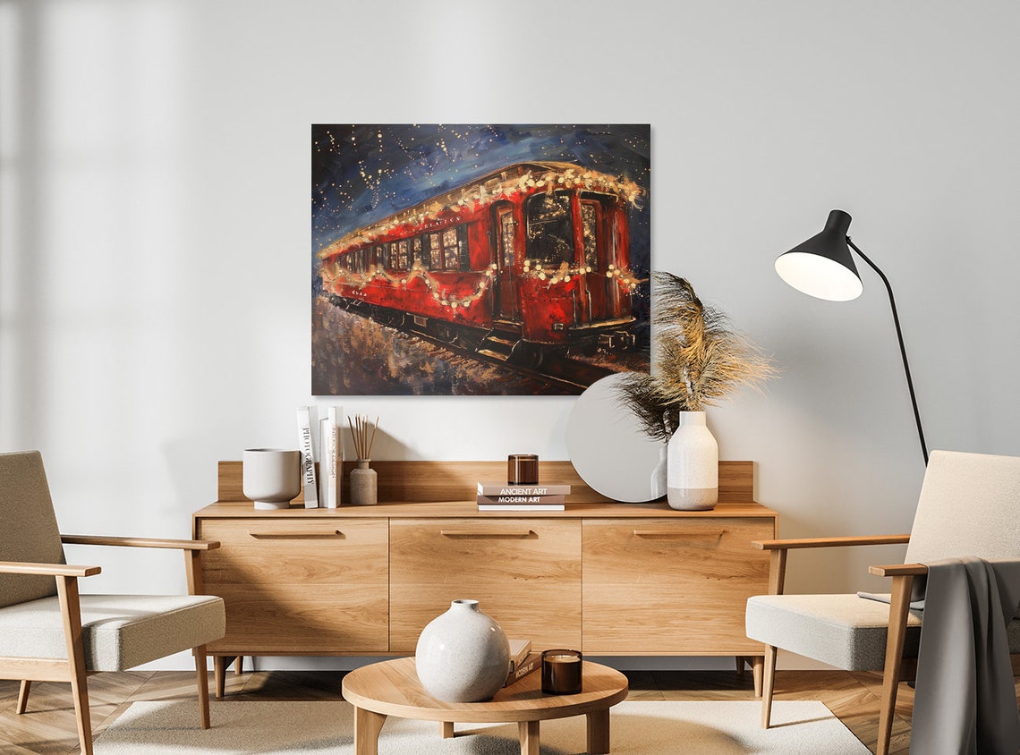 Red Vintage Train Car with Christmas Lights Festive Night Poster - Image 5