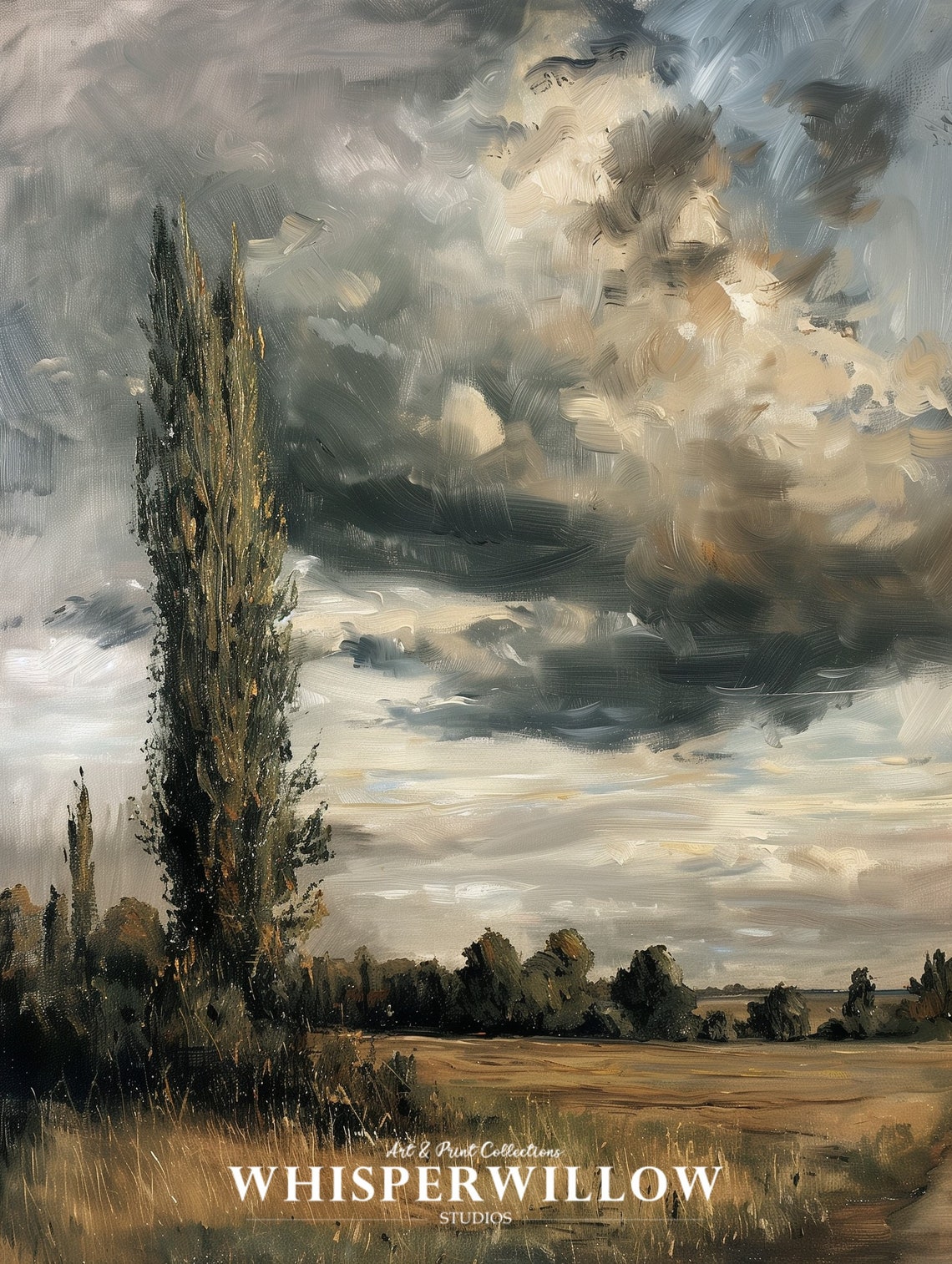 Lone Tall Cypress Tree Under Dark Storm Clouds Painting Poster - Image 6