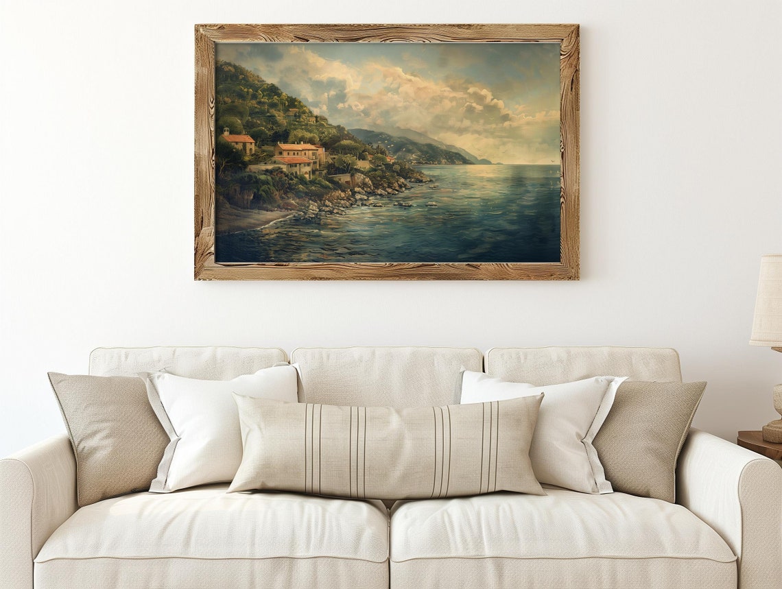 Mediterranean Coastal Village at Golden Hour Painting Poster - Image 2
