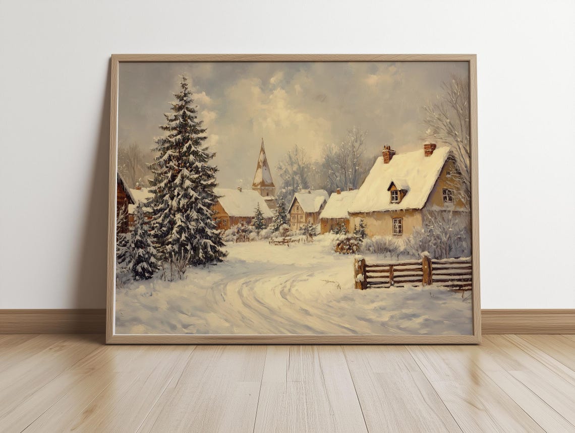 Snowy Winter Village with Church Steeple Oil Painting Poster - Image 5