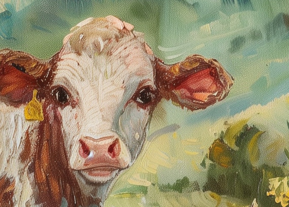 Brown and White Spotted Calf in Wildflower Meadow Farm Poster - Image 6