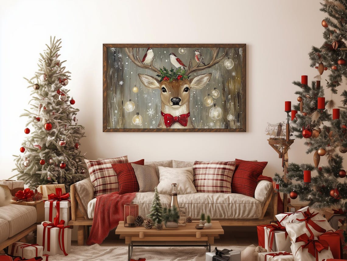 Christmas Deer Birds Antlers Holly Crown Red Bow Tie Ornaments Poster - Image 3