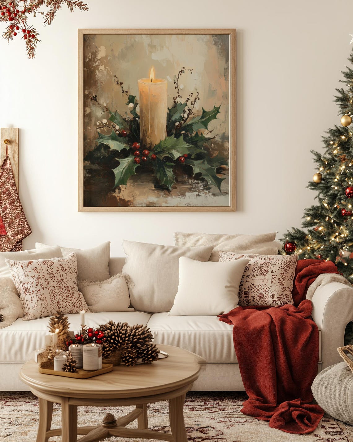 Burning Christmas Candle with Holly Berries Vintage Still Life Poster - Image 2