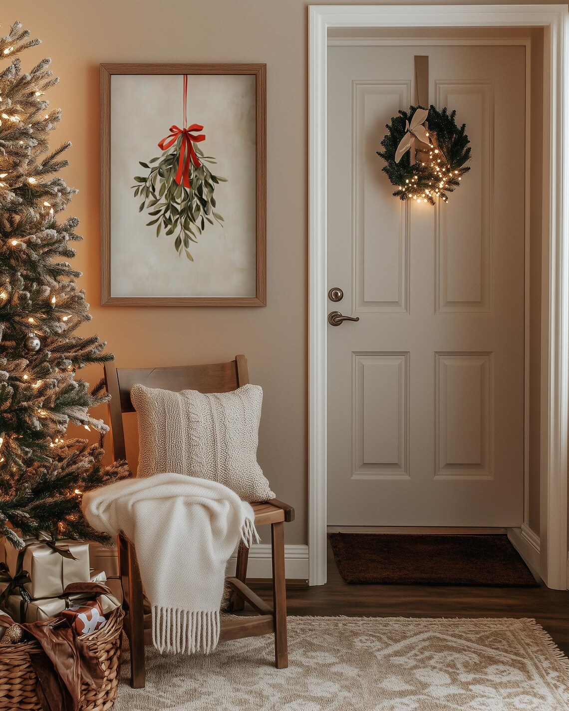 Holiday Mistletoe With Red Ribbon, Christmas Art Print - Image 4