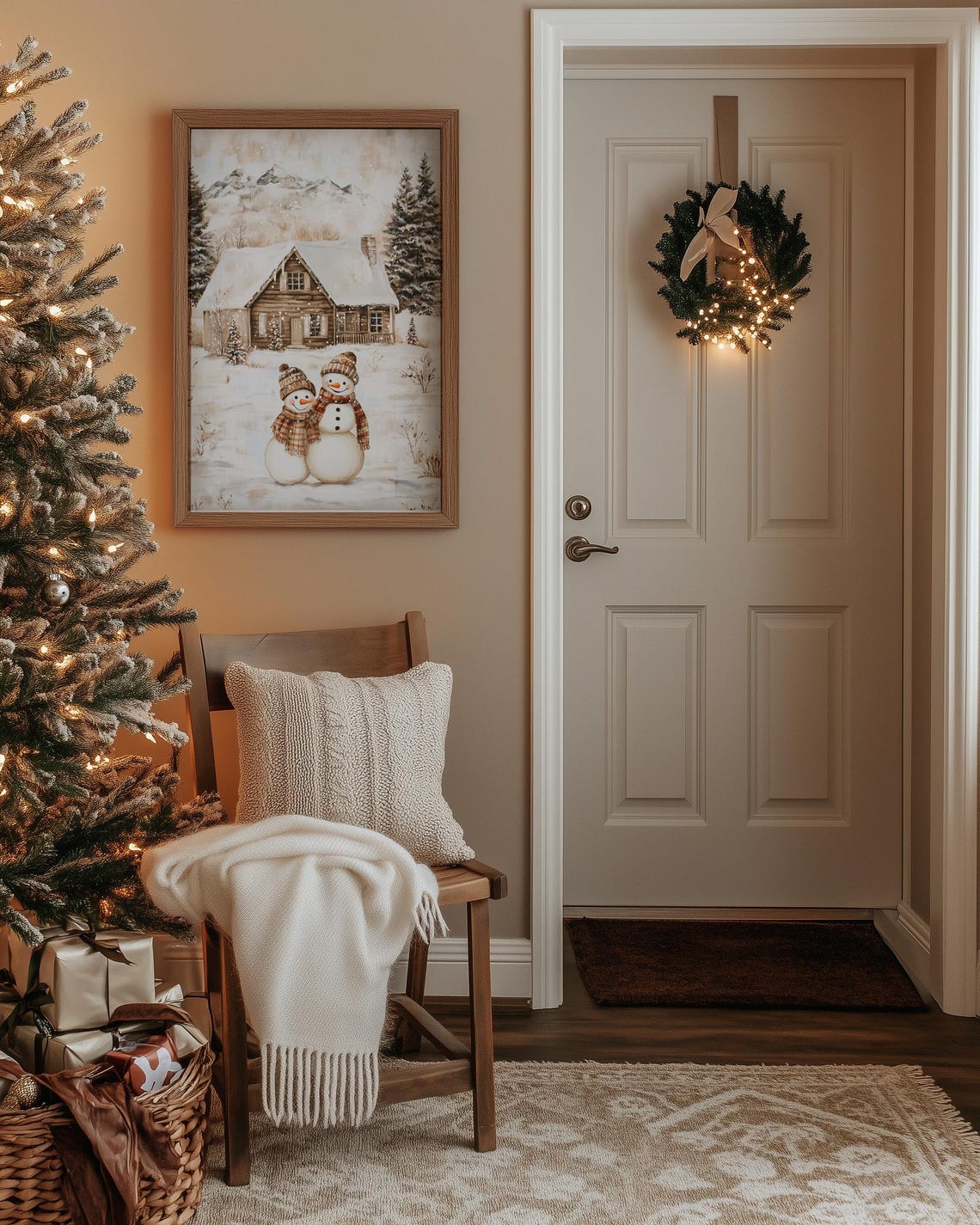 Two Cheerful Snowmen by a Snowy Cabin with Plaid Scarves Poster - Image 4