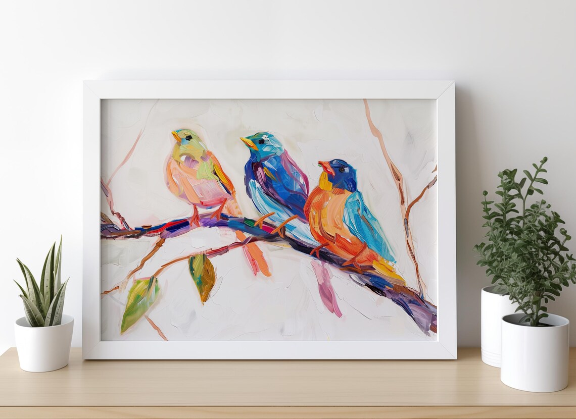 Colorful Birds On A Branch, Abstract Wildlife Art Print - Image 3