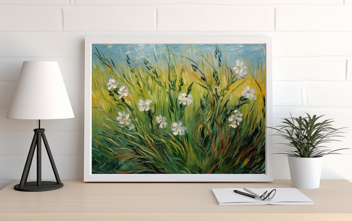 White Wildflowers Wheat Field Van Gogh Style Impressionist Poster - Image 2