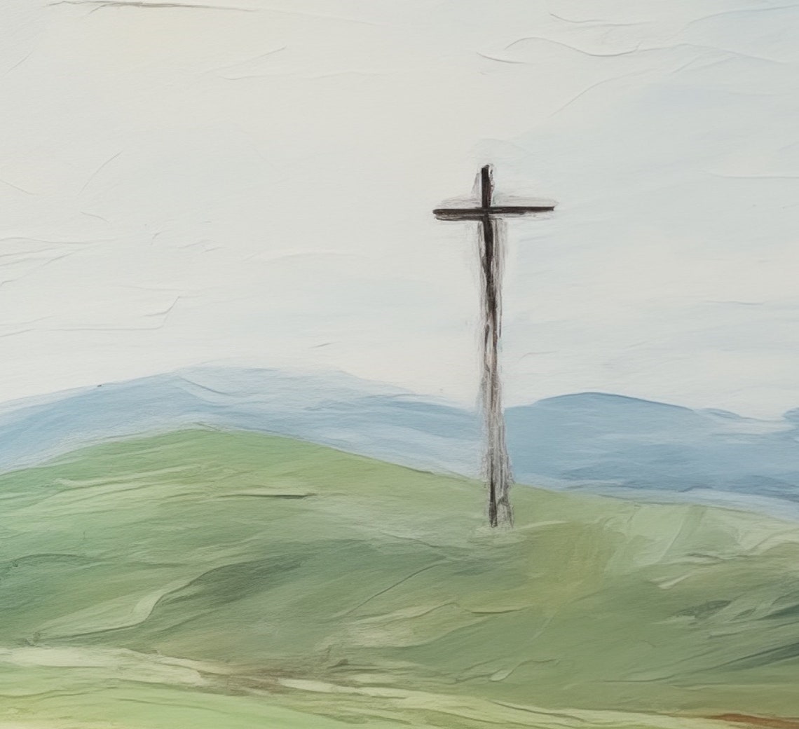 Lone Walker Crossing Green Hills Toward a Hilltop Cross Poster - Image 6
