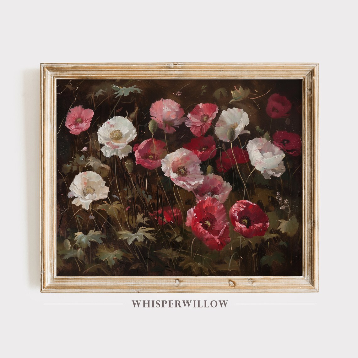 Pink Red And White Poppies On Dark Moody Floral Oil Painting Poster