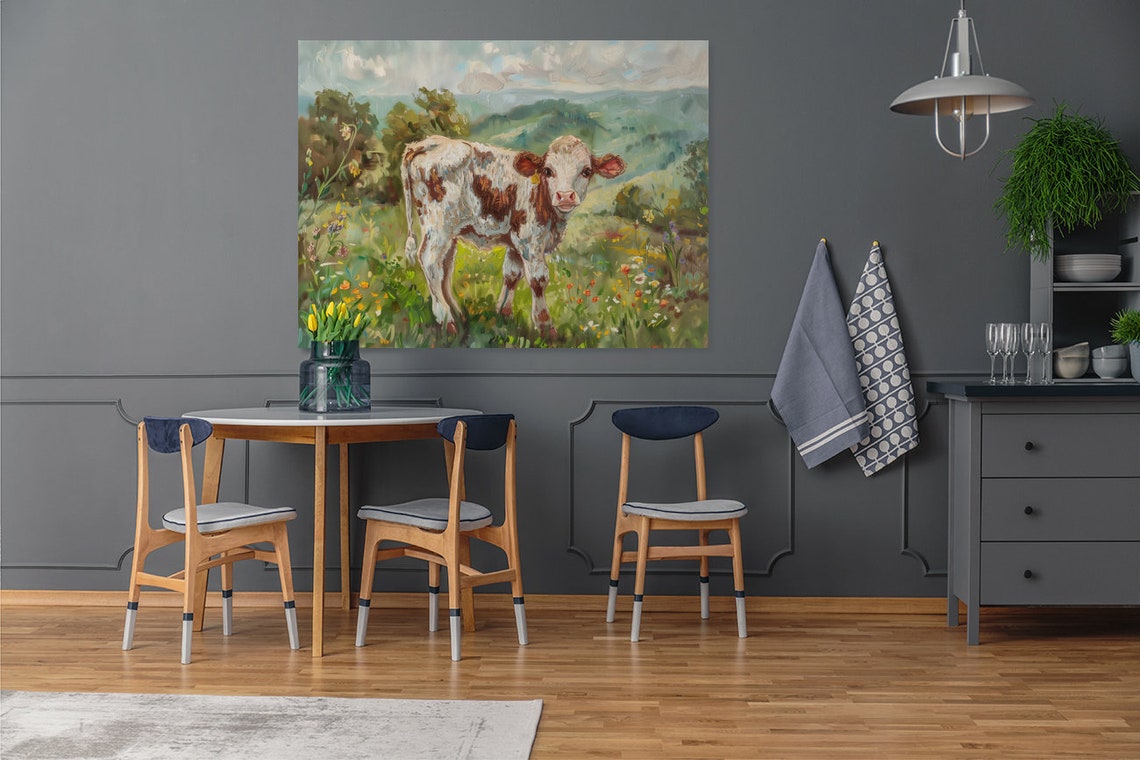 Sweet Brown and White Calf in a Flower Meadow Painterly Poster - Image 3