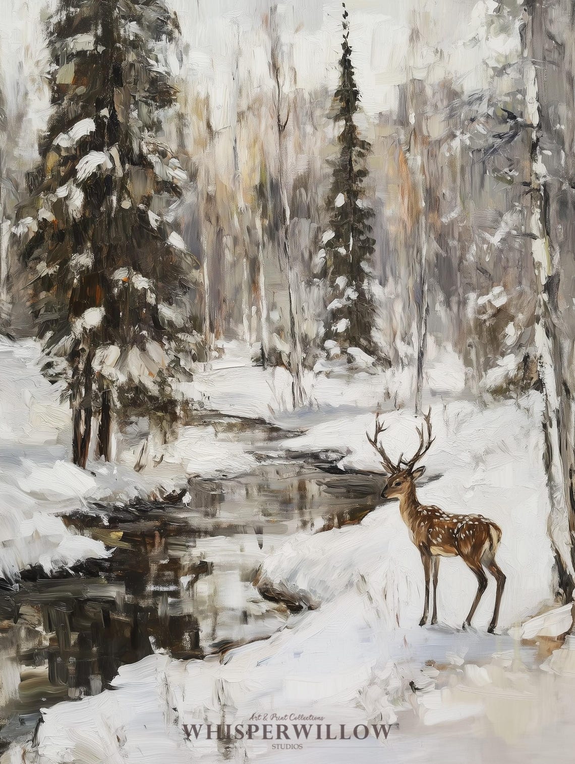 Winter Deer by Forest Stream in Snowy Pine Woods Painting Poster - Image 6