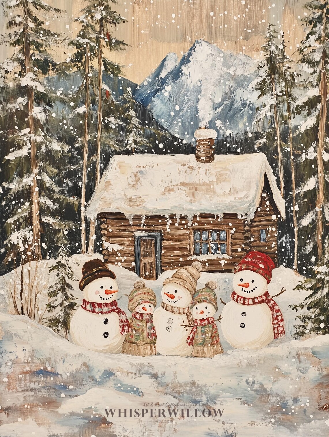 Winter Cabin Snowman Family Art Print, Holiday Landscape - Image 6