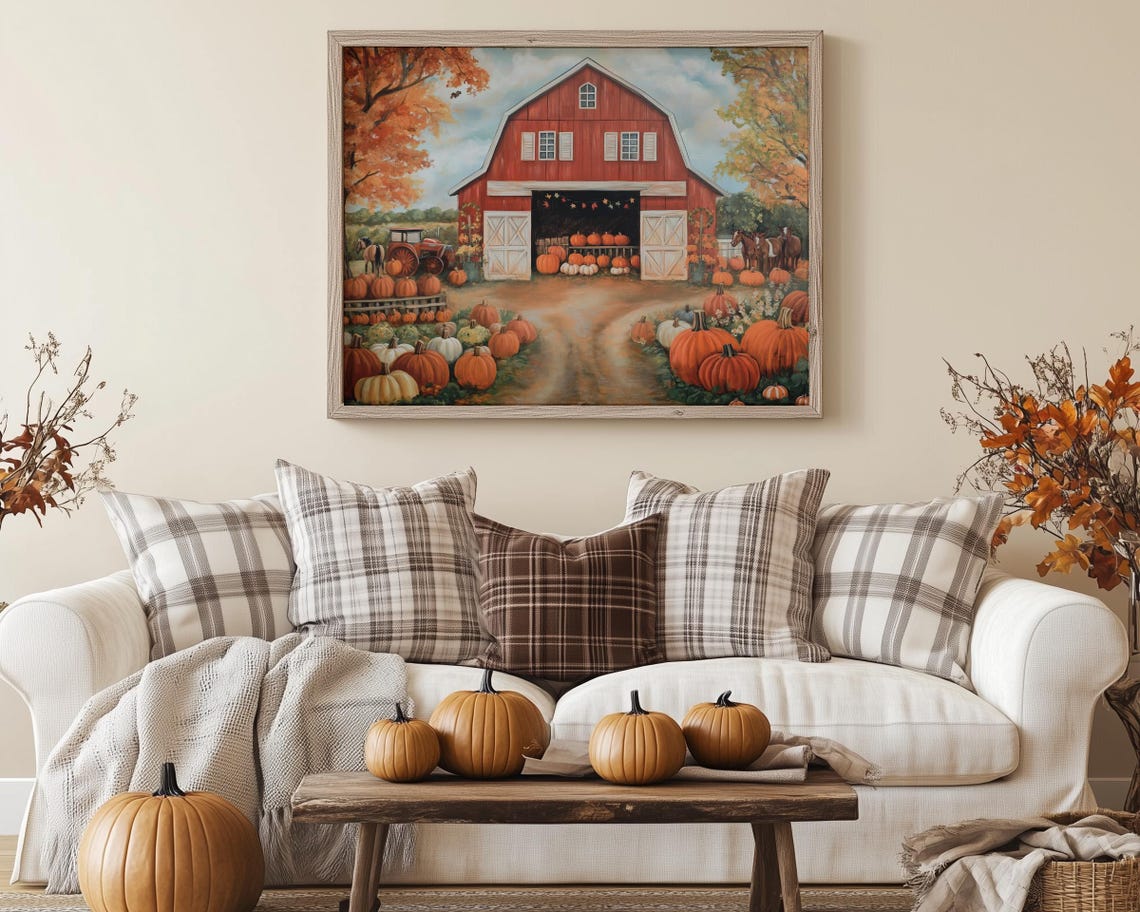Autumn Farm Scene Red Barn Pumpkins Tractor Horses Painting Poster - Image 5