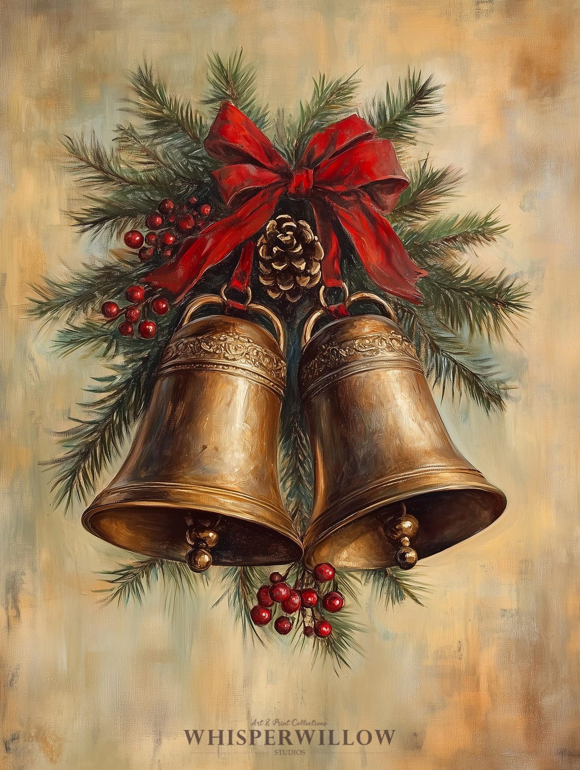 Antique Brass Christmas Bells with Red Bow Pine Berries Poster - Image 6