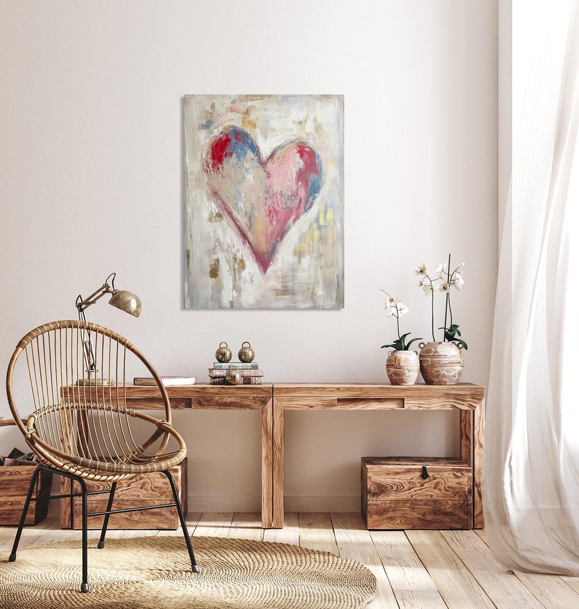Large Textured Painted Heart in Pink Blue and Cream Art Poster - Image 5