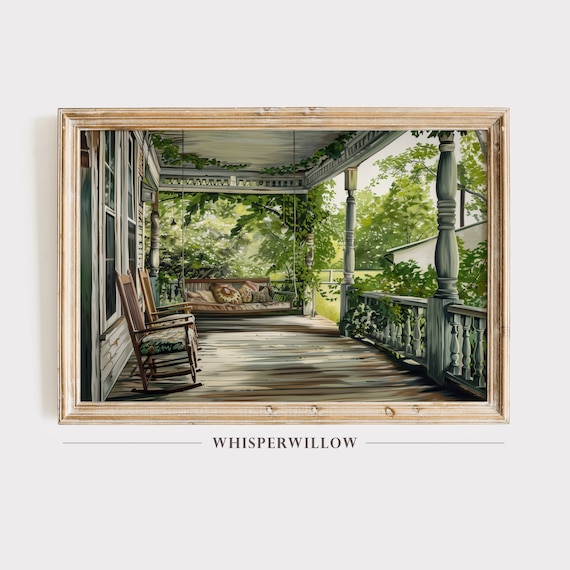 Charming Sunlit Farmhouse Front Porch with Rocking Chair Poster