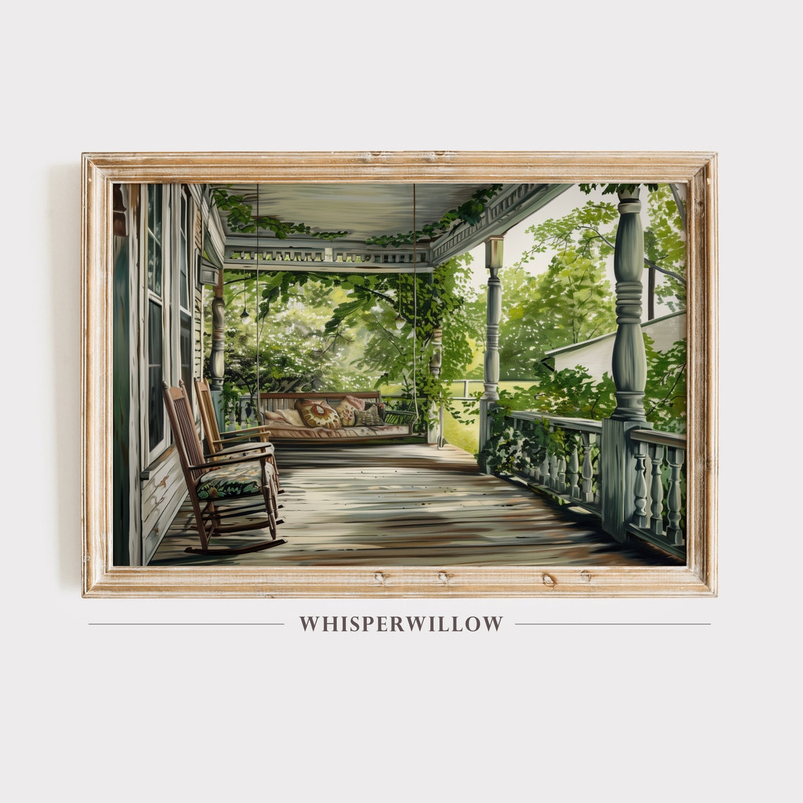 Charming Sunlit Farmhouse Front Porch with Rocking Chair Poster