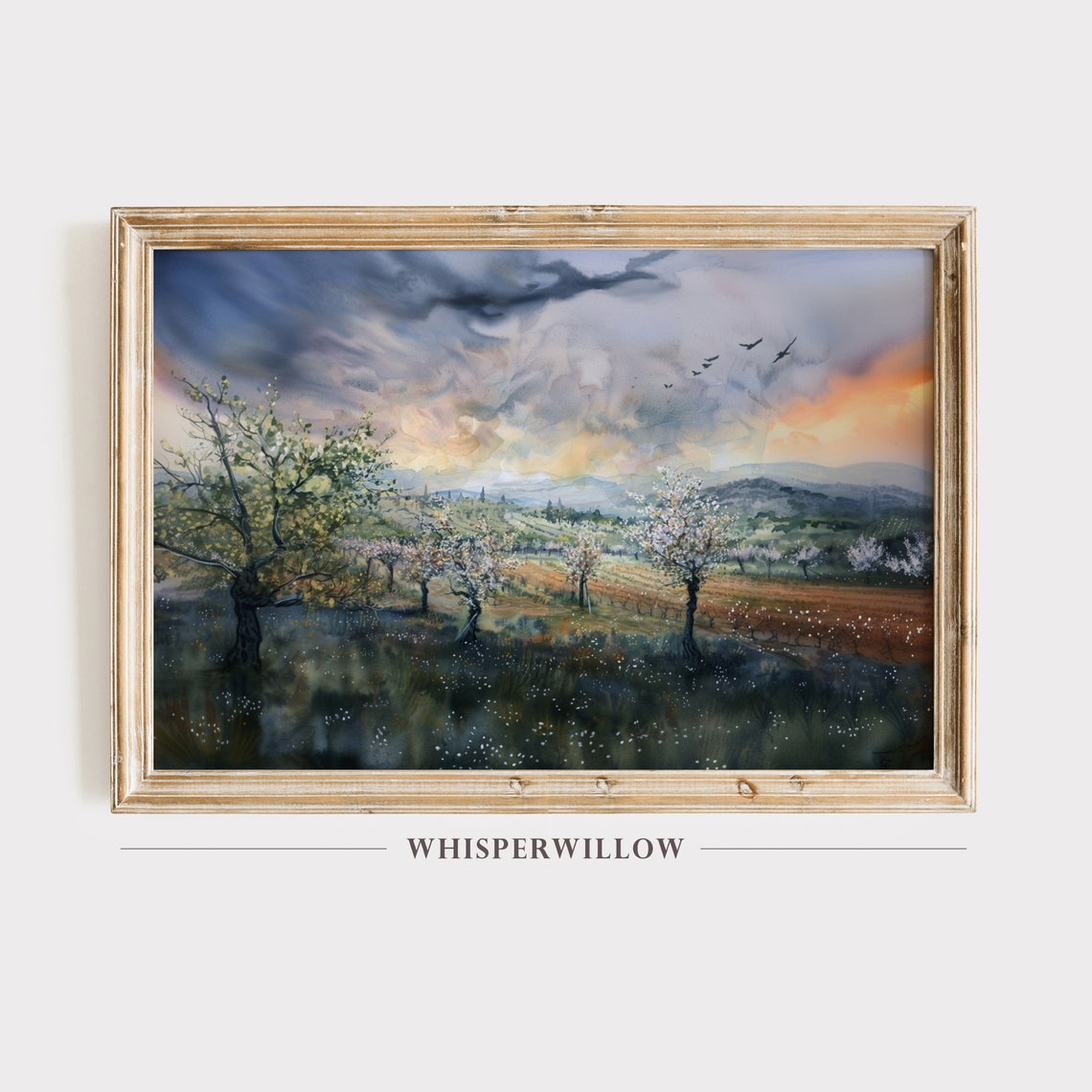 Storm Clouds Over Flowering Valley at Sunset Watercolor Poster