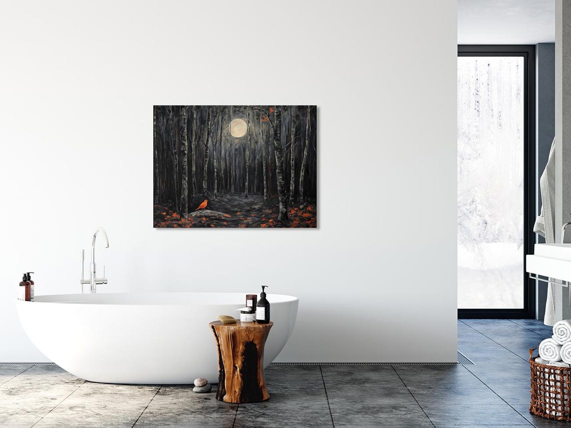 Orange Bird in Moonlit Forest Painting Full Moon Path Art Poster - Image 2