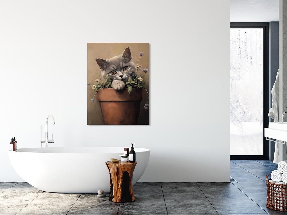 Gray Kitten Peeking Out of a Flower Pot Cute Painting Poster - Image 2